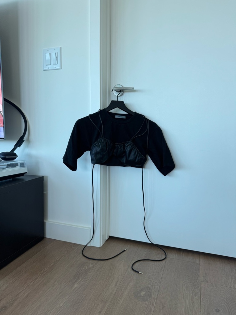 Maniere De Voir Black Cropped Short Sleeve Top with Bustier Overlay